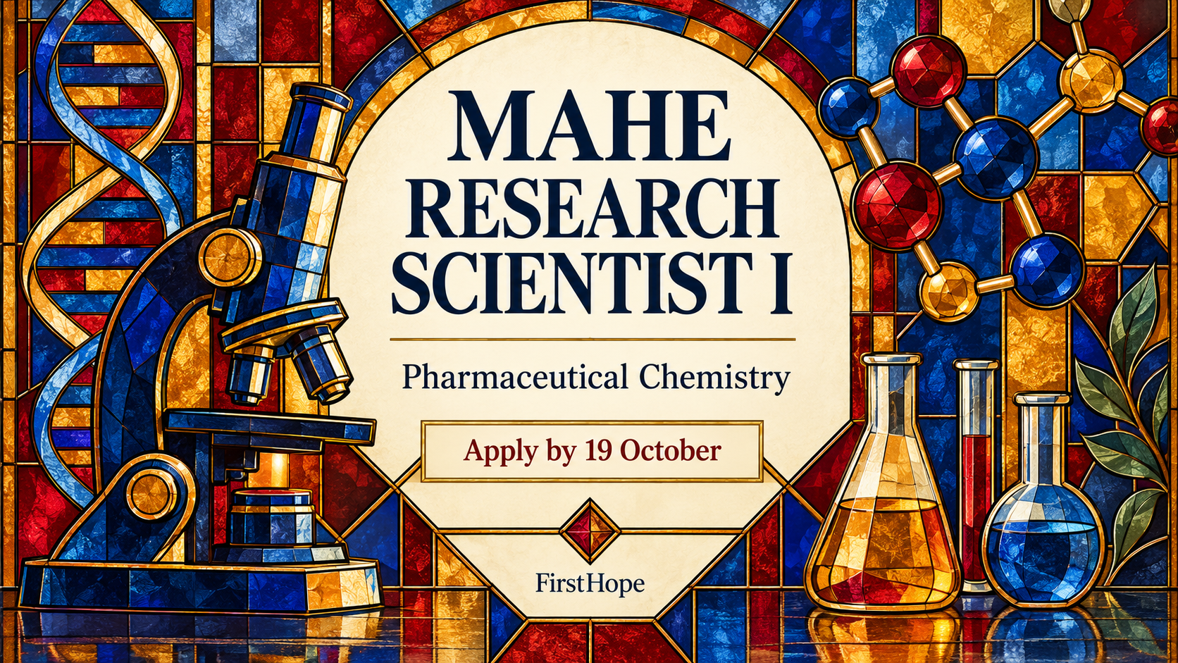 MAHE / MCOPS, Manipal mahe research scientist i cover, with Pharmaceutical Chemistry and application date text.