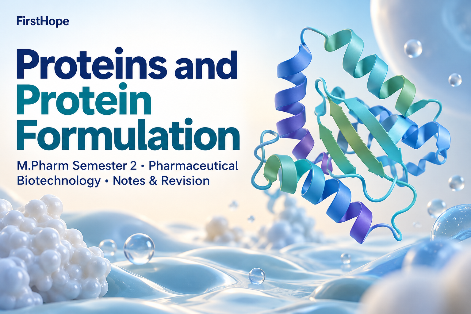 vivid 3D abstract cover titled Proteins and Protein Formulation, with M.Pharm Semester 2 · Pharmaceutical Biotechnology Notes & Revision and FirstHope branding.