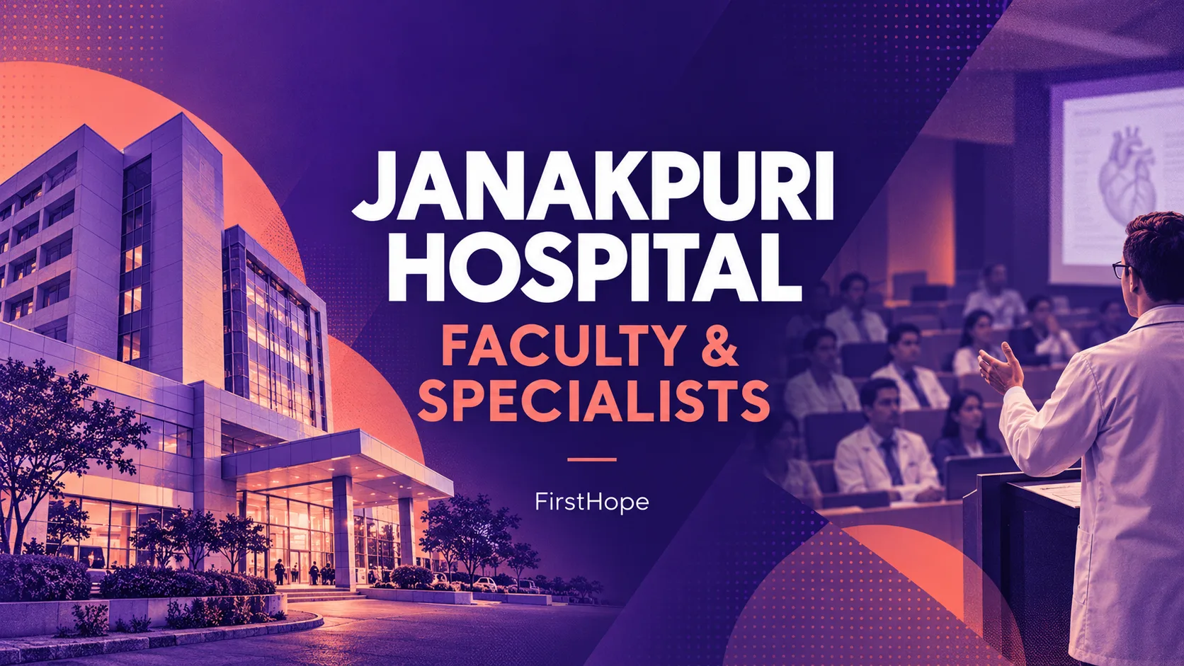 Janakpuri Super Speciality Hospital Faculty and Specialist Grade III recruitment cover with clear text and a distinct editorial illustration, FirstHope.