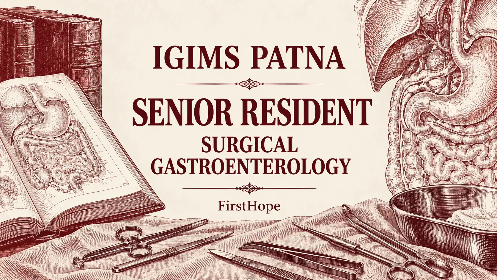 IGIMS Patna Senior Resident — Surgical Gastroenterology recruitment cover with clear text and a distinct editorial illustration, FirstHope.