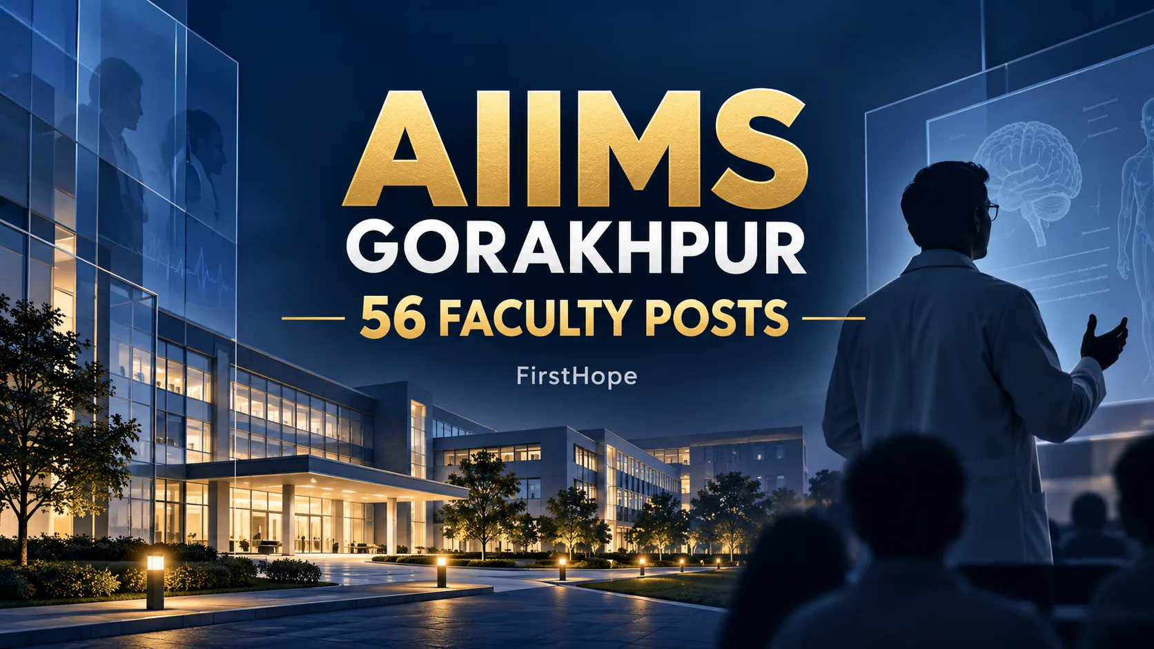 AIIMS Gorakhpur Medical Faculty recruitment cover with clear text and a distinct editorial illustration, FirstHope.