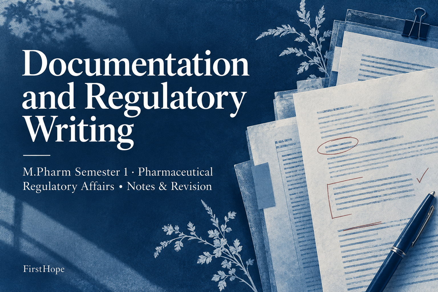 botanical cyanotype cover titled Documentation and Regulatory Writing, with M.Pharm Semester 1 · Pharmaceutical Regulatory Affairs Notes & Revision and FirstHope branding.