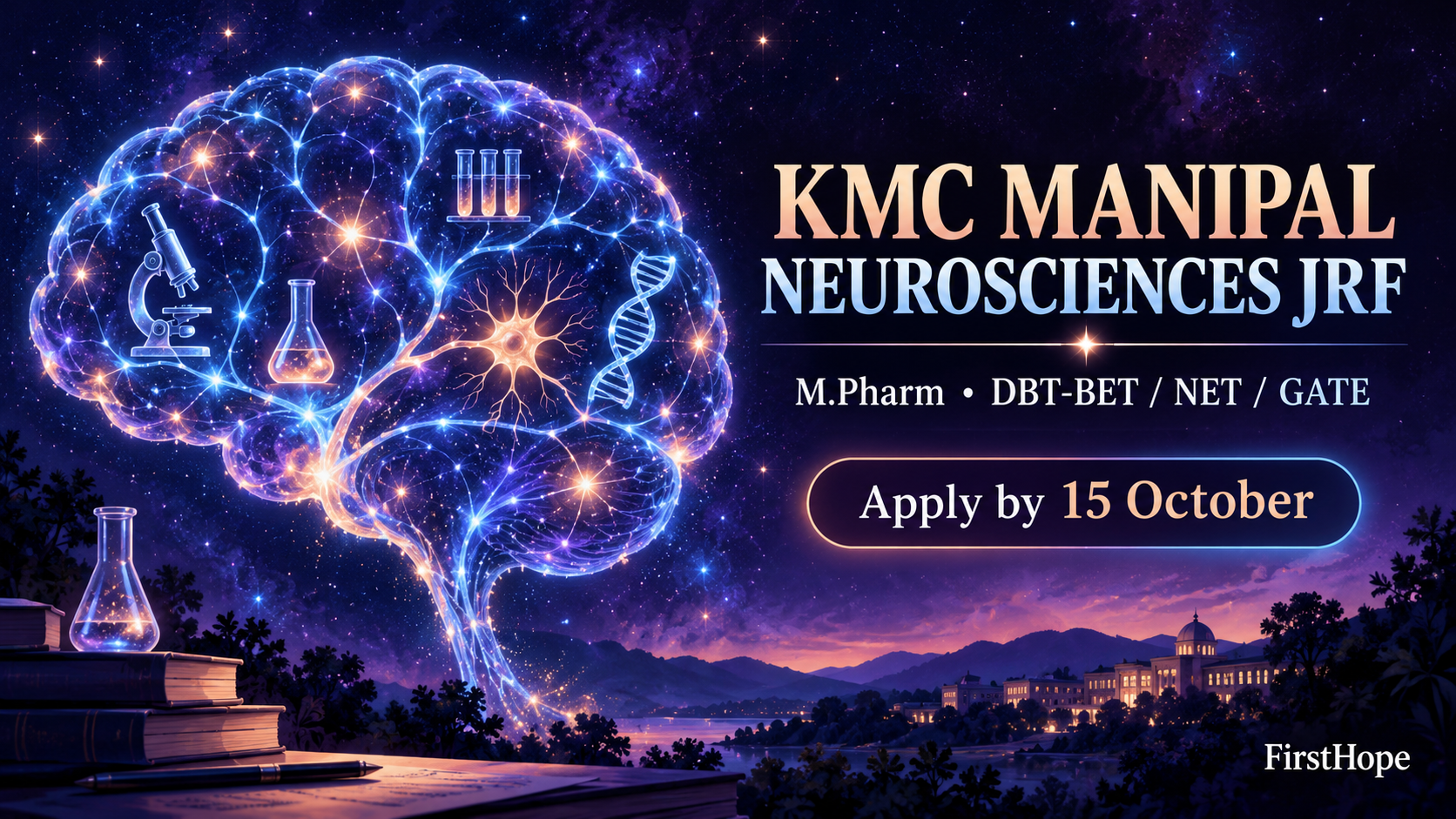 MAHE / KMC, Manipal kmc manipal neurosciences jrf cover, with M.Pharm • DBT-BET / NET / GATE and application date text.