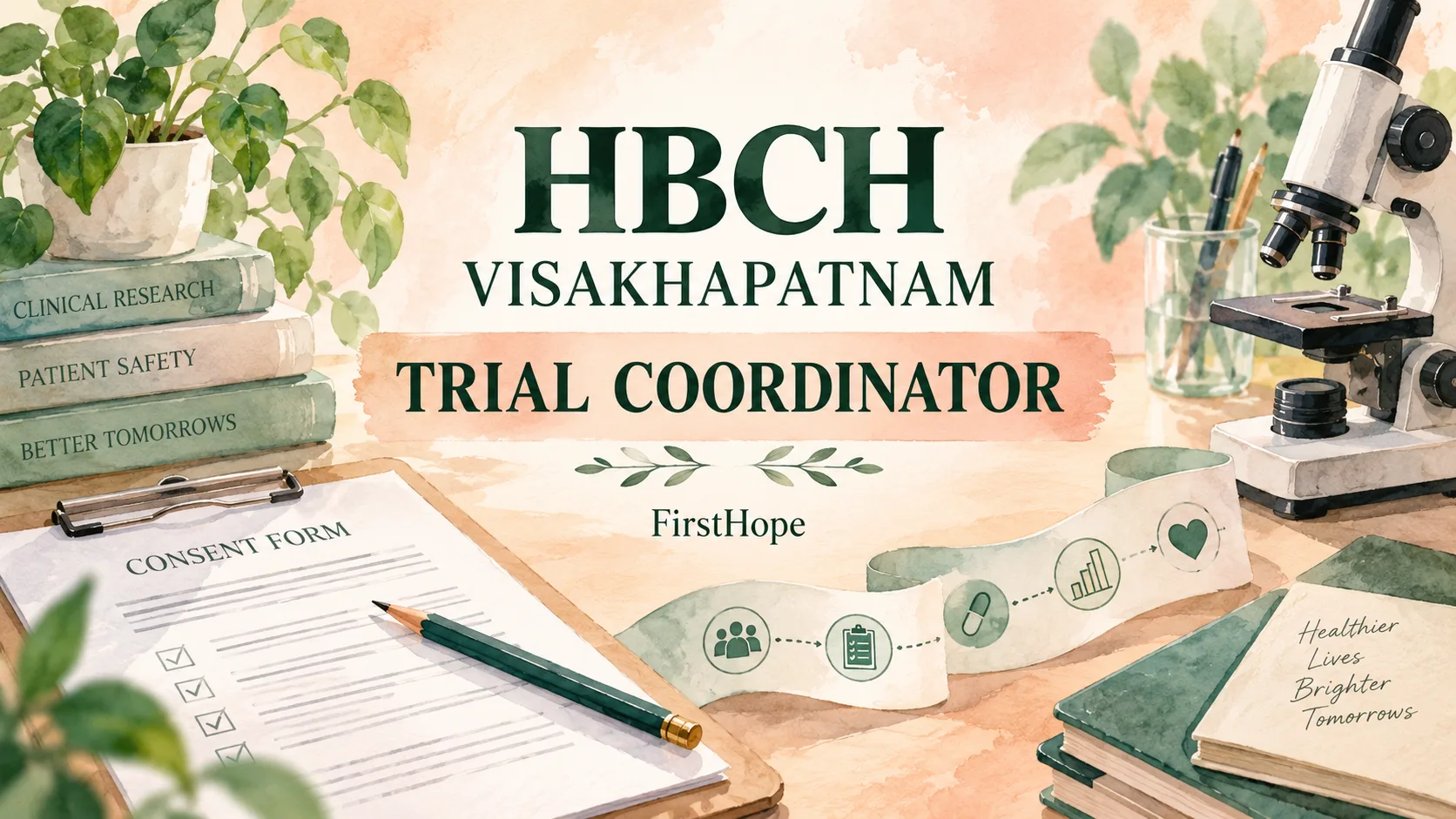 HBCH&RC Visakhapatnam Trial Coordinator recruitment cover with clear text and a distinct editorial illustration, FirstHope.
