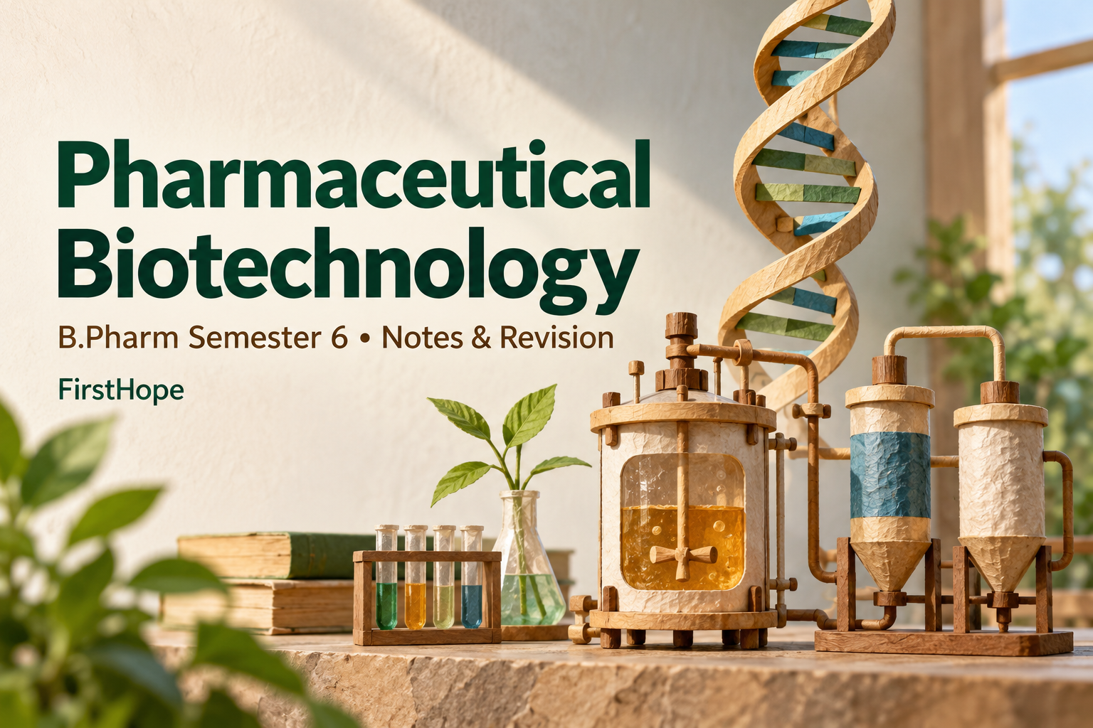 wood and woven paper cover titled Pharmaceutical Biotechnology, with B.Pharm Semester 6 Notes & Revision and FirstHope branding.
