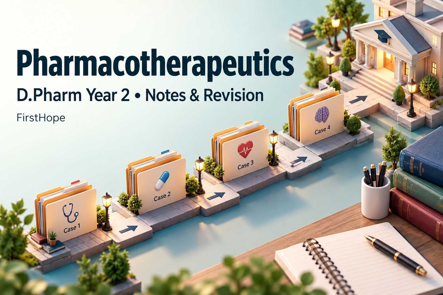 isometric miniature cover titled Pharmacotherapeutics, with D.Pharm Year 2 Notes & Revision and FirstHope branding.