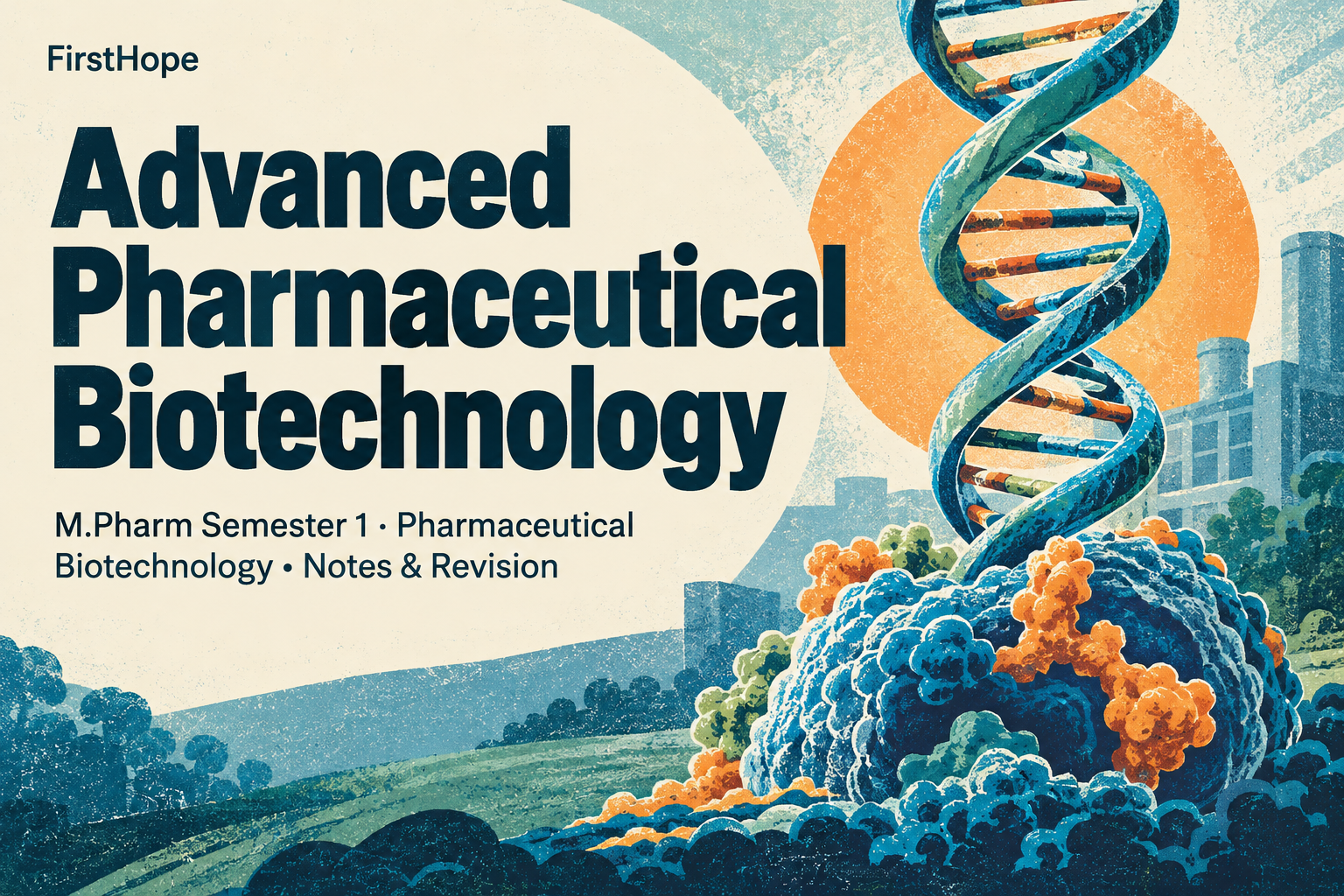 retro science print cover titled Advanced Pharmaceutical Biotechnology, with M.Pharm Semester 1 · Pharmaceutical Biotechnology Notes & Revision and FirstHope branding.