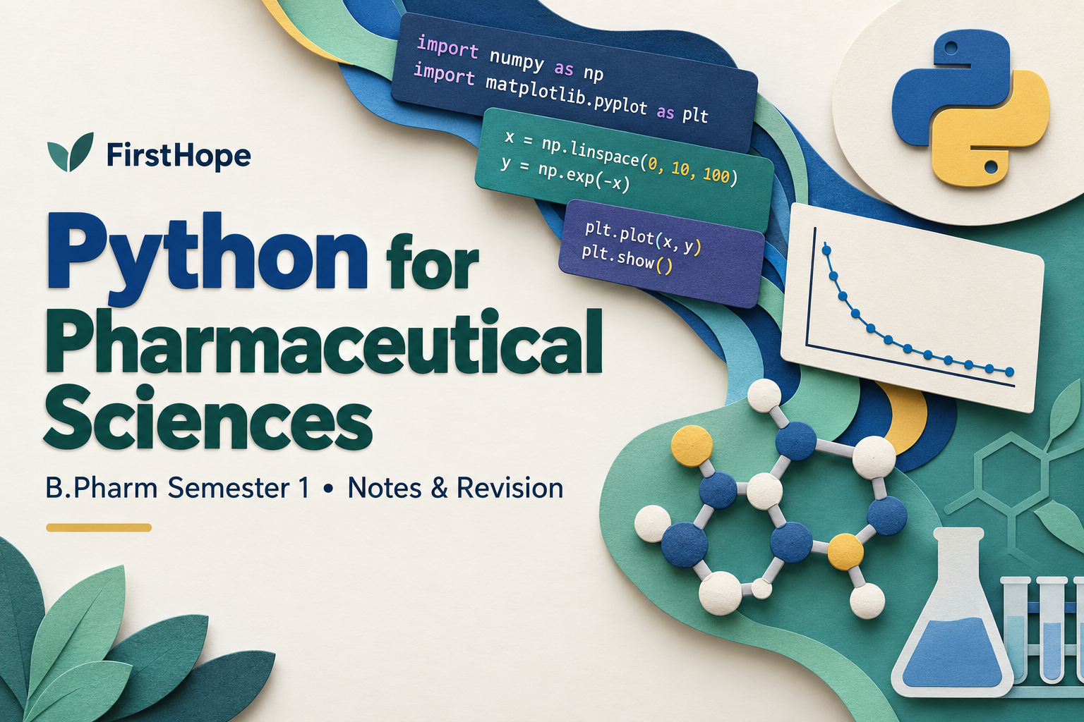 layered paper art cover titled Python for Pharmaceutical Sciences, with B.Pharm Semester 1 Notes & Revision and FirstHope branding.