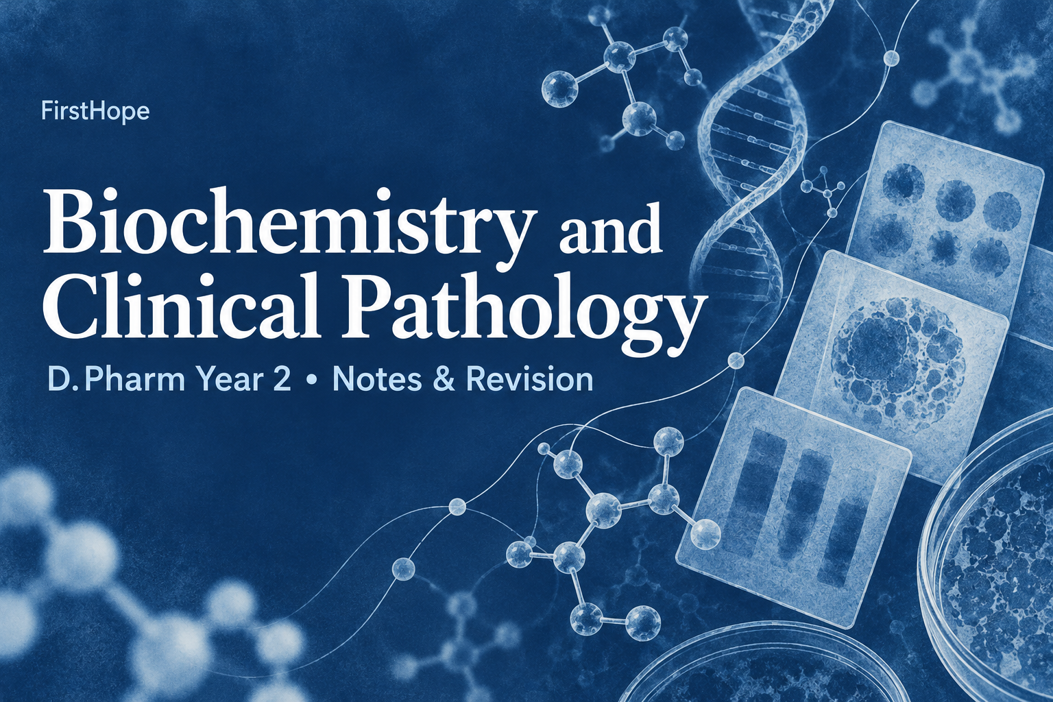 botanical cyanotype cover titled Biochemistry and Clinical Pathology, with D.Pharm Year 2 Notes & Revision and FirstHope branding.