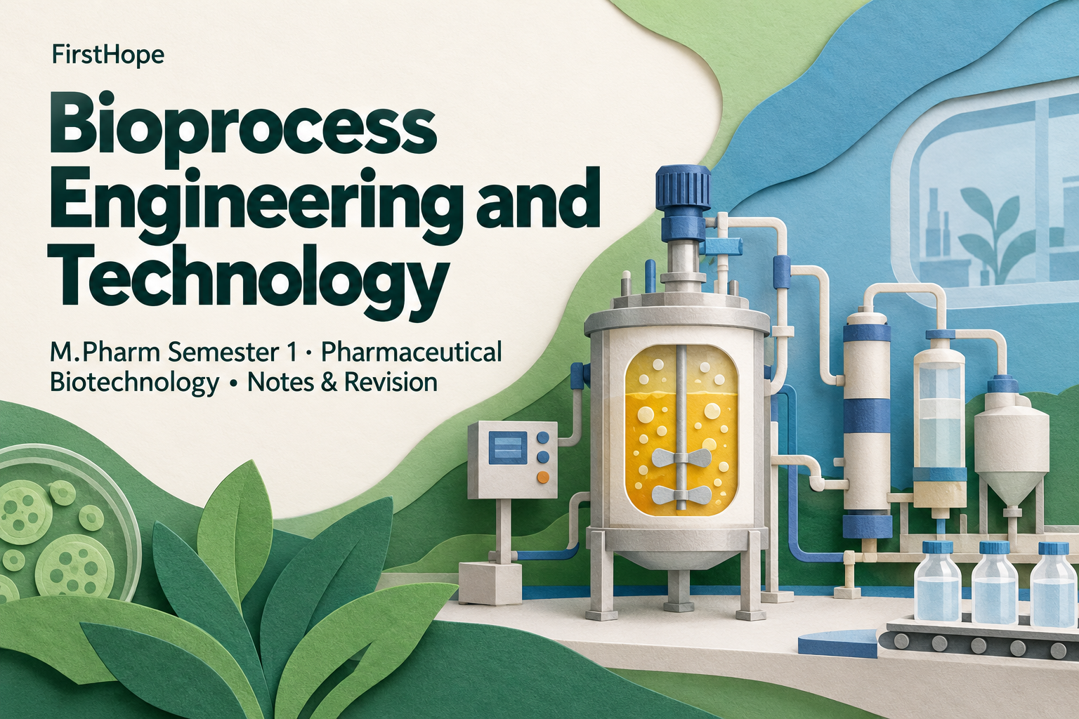 layered paper art cover titled Bioprocess Engineering and Technology, with M.Pharm Semester 1 · Pharmaceutical Biotechnology Notes & Revision and FirstHope branding.