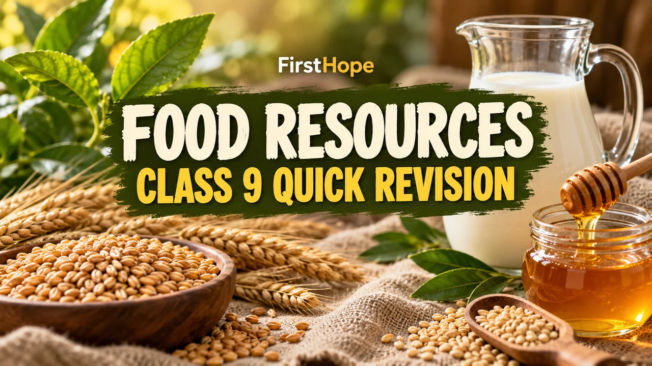 FirstHope Improvement in Food Resources: Class 9 Revision and PDF cover with a distinct creative study scene and large readable text.