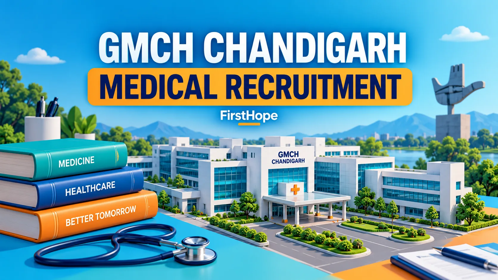 GMCH Chandigarh Senior Resident, Junior Resident and Medical Officer recruitment cover with clear text and a distinct editorial illustration, FirstHope.