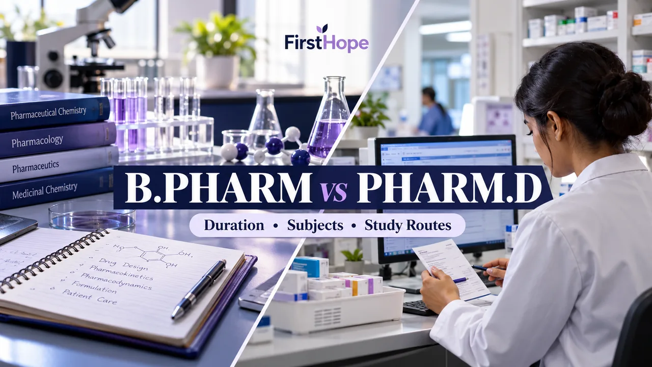 B.Pharm vs Pharm.D with Duration, Subjects and Study Routes text over laboratory and pharmacy workstation scenes.