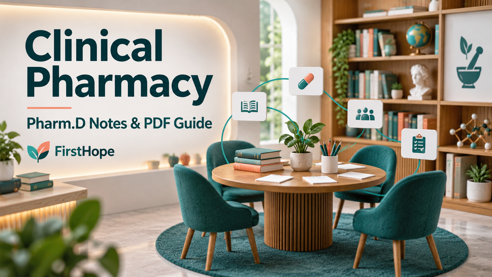 Editorial cutaway diorama cover titled Clinical Pharmacy, with Pharm.D Notes & PDF Guide and FirstHope branding.