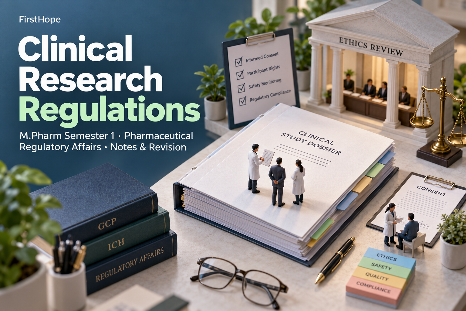 isometric miniature cover titled Clinical Research Regulations, with M.Pharm Semester 1 · Pharmaceutical Regulatory Affairs Notes & Revision and FirstHope branding.