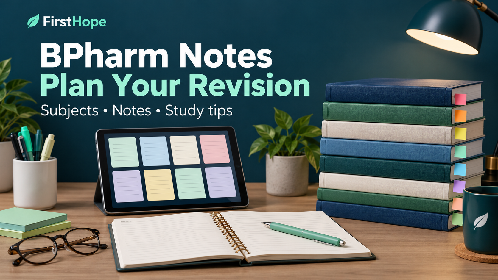 FirstHope BPharm Notes cover with study books, a notebook and a tablet displaying colourful study cards.