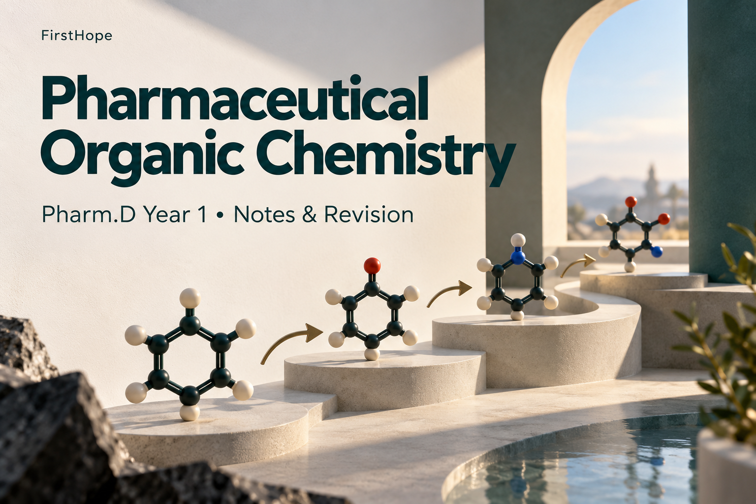 architectural model cover titled Pharmaceutical Organic Chemistry, with Pharm.D Year 1 Notes & Revision and FirstHope branding.