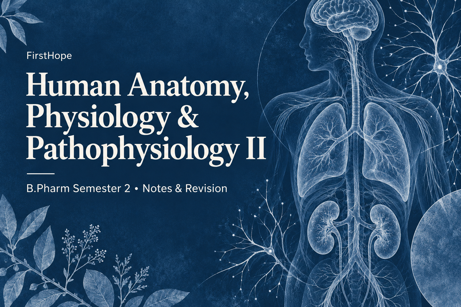 botanical cyanotype cover titled Human Anatomy, Physiology & Pathophysiology II, with B.Pharm Semester 2 Notes & Revision and FirstHope branding.