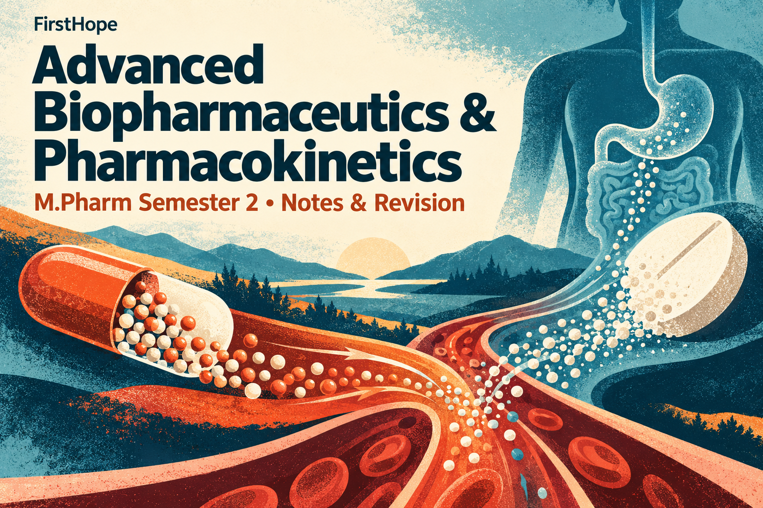 retro science print cover titled Advanced Biopharmaceutics & Pharmacokinetics, with M.Pharm Semester 2 Notes & Revision and FirstHope branding.