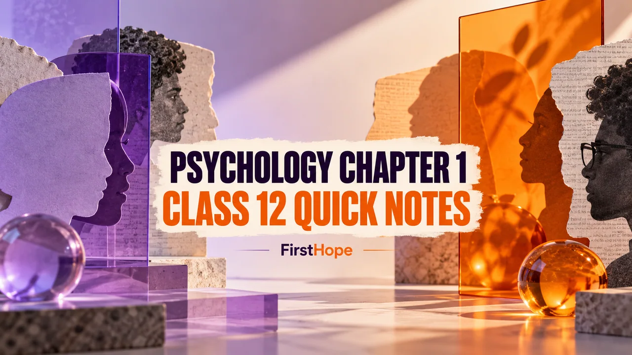 FirstHope Psychology Class 12 Chapter 1 Notes and NCERT PDF cover with a distinct creative study scene and large readable text.