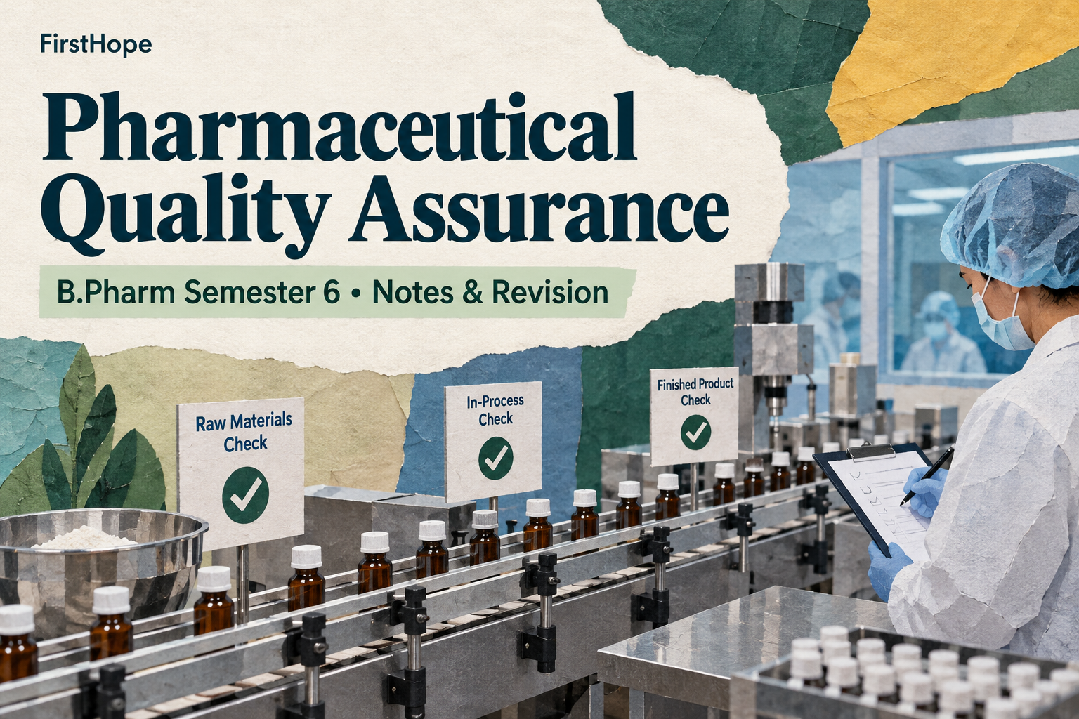 editorial collage cover titled Pharmaceutical Quality Assurance, with B.Pharm Semester 6 Notes & Revision and FirstHope branding.