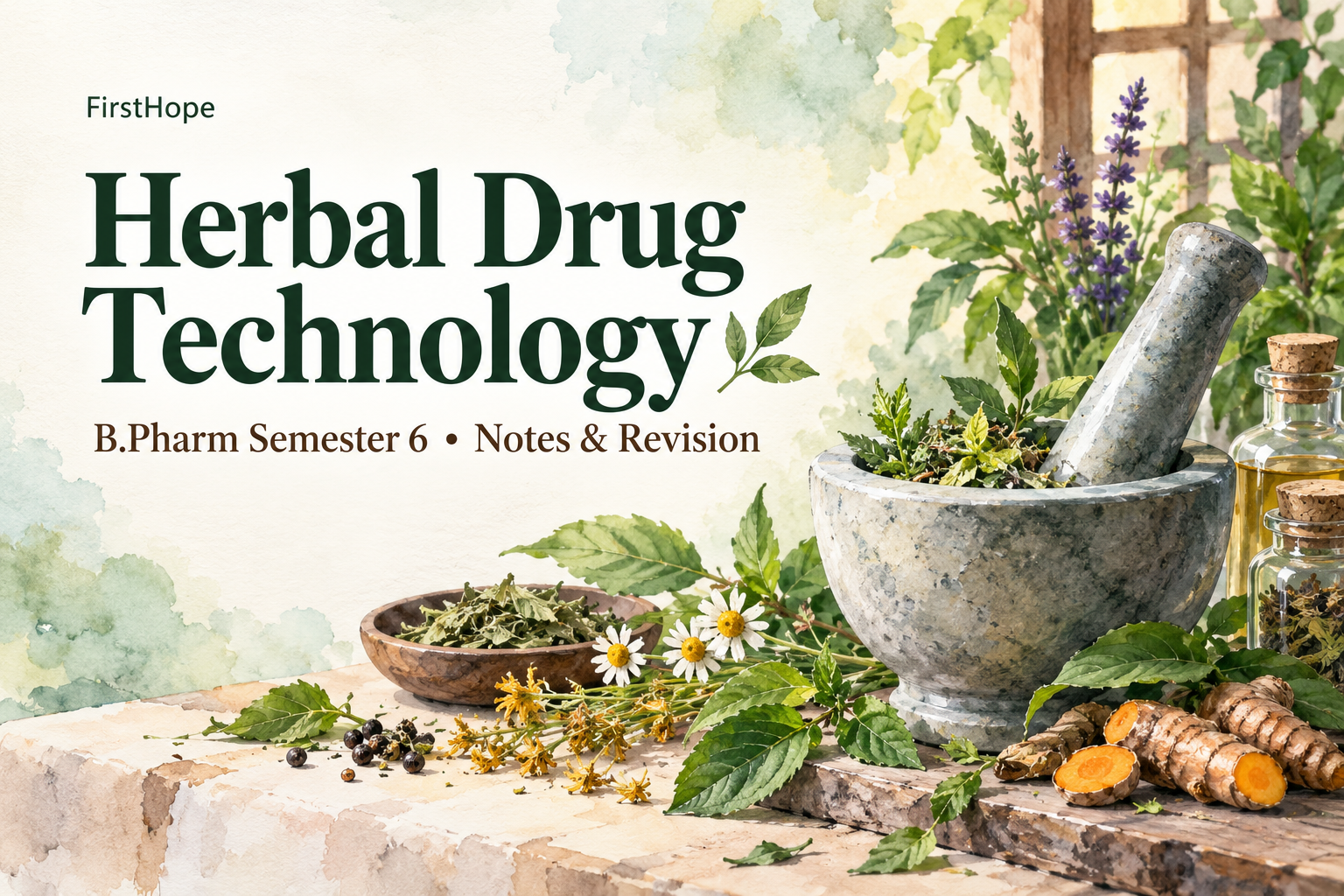 ink and watercolour cover titled Herbal Drug Technology, with B.Pharm Semester 6 Notes & Revision and FirstHope branding.