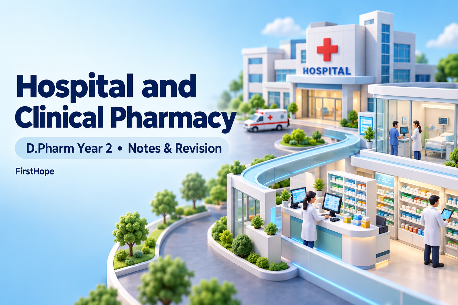 vivid 3D abstract cover titled Hospital and Clinical Pharmacy, with D.Pharm Year 2 Notes & Revision and FirstHope branding.