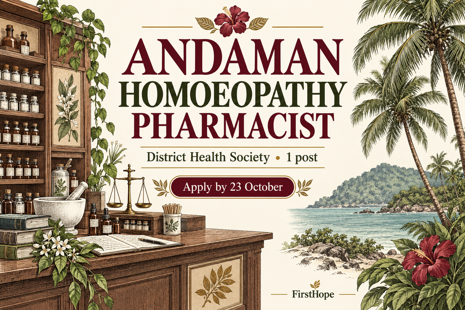 District Health Society, North and Middle Andaman andaman homoeopathy pharmacist cover, with District Health Society • 1 post and application date text.