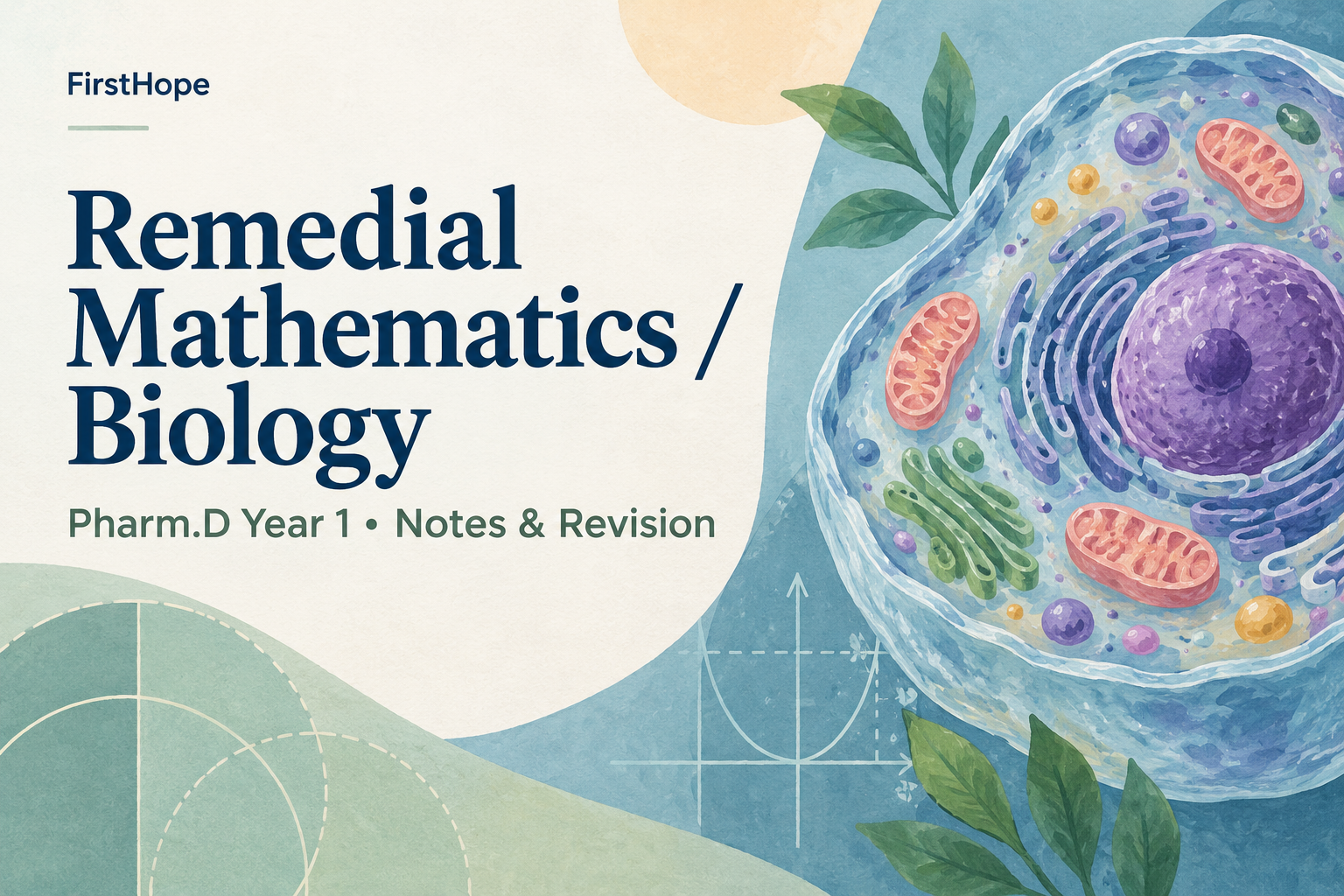 pastel gouache cover titled Remedial Mathematics / Biology, with Pharm.D Year 1 Notes & Revision and FirstHope branding.