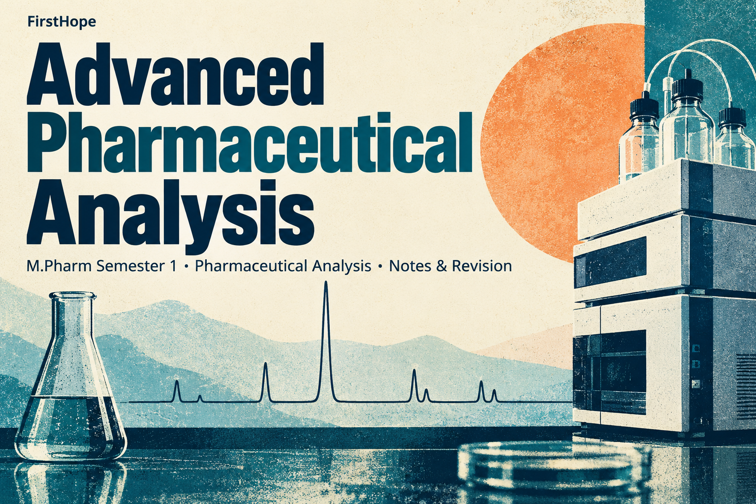 retro science print cover titled Advanced Pharmaceutical Analysis, with M.Pharm Semester 1 · Pharmaceutical Analysis Notes & Revision and FirstHope branding.