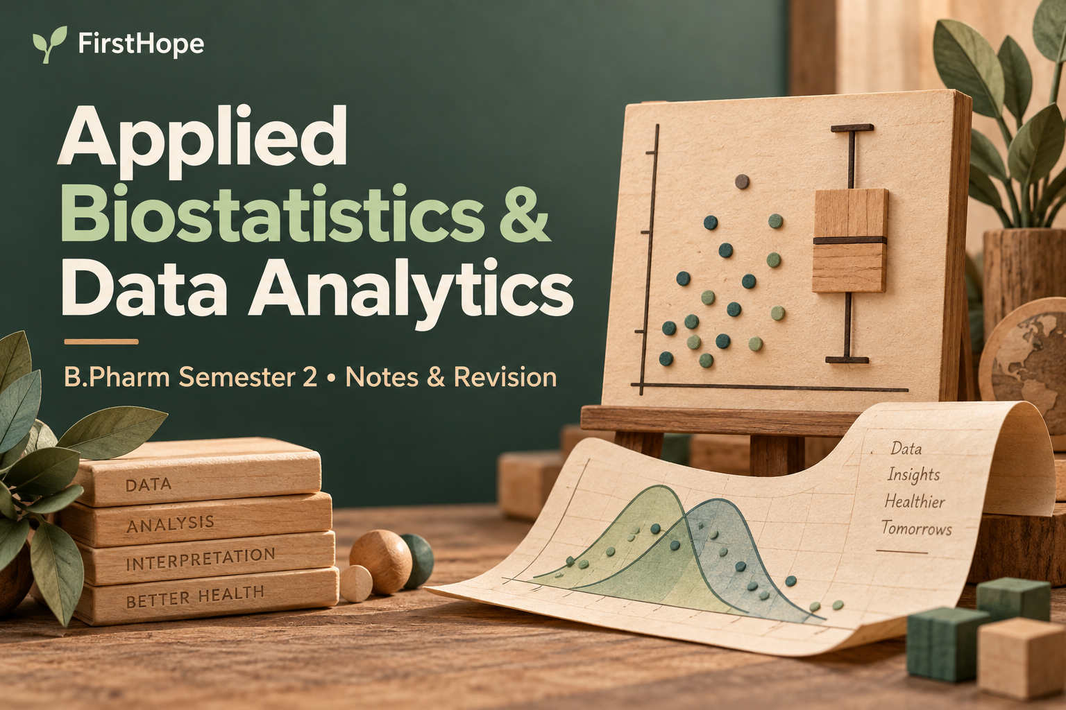 wood and woven paper cover titled Applied Biostatistics & Data Analytics, with B.Pharm Semester 2 Notes & Revision and FirstHope branding.