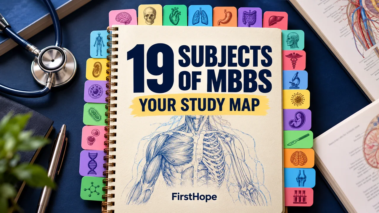 FirstHope 19 Subjects of MBBS: Quick List, Notes and Curriculum PDF cover with a distinct creative study scene and large readable text.