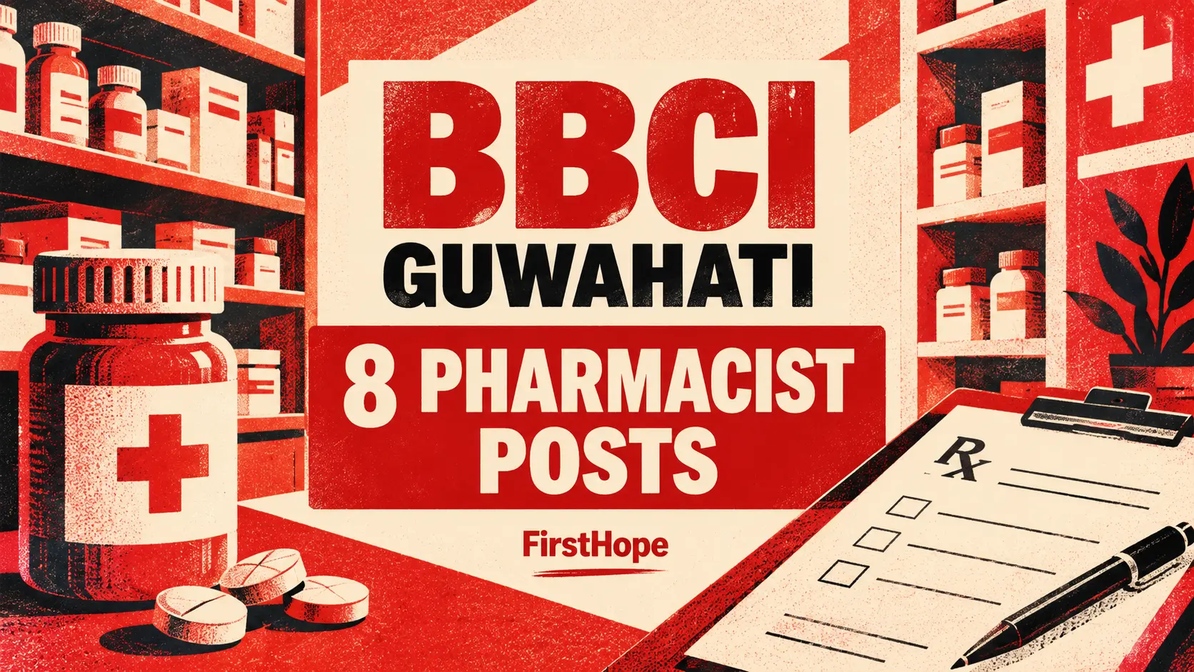 BBCI Guwahati Pharmacist C1 (Project) recruitment cover with clear text and a distinct editorial illustration, FirstHope.