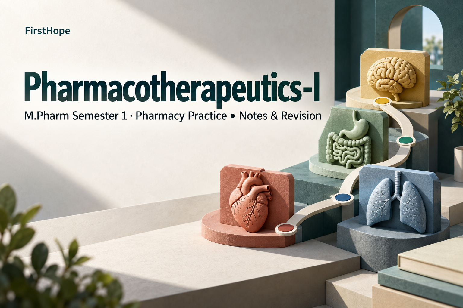 architectural model cover titled Pharmacotherapeutics-I, with M.Pharm Semester 1 · Pharmacy Practice Notes & Revision and FirstHope branding.