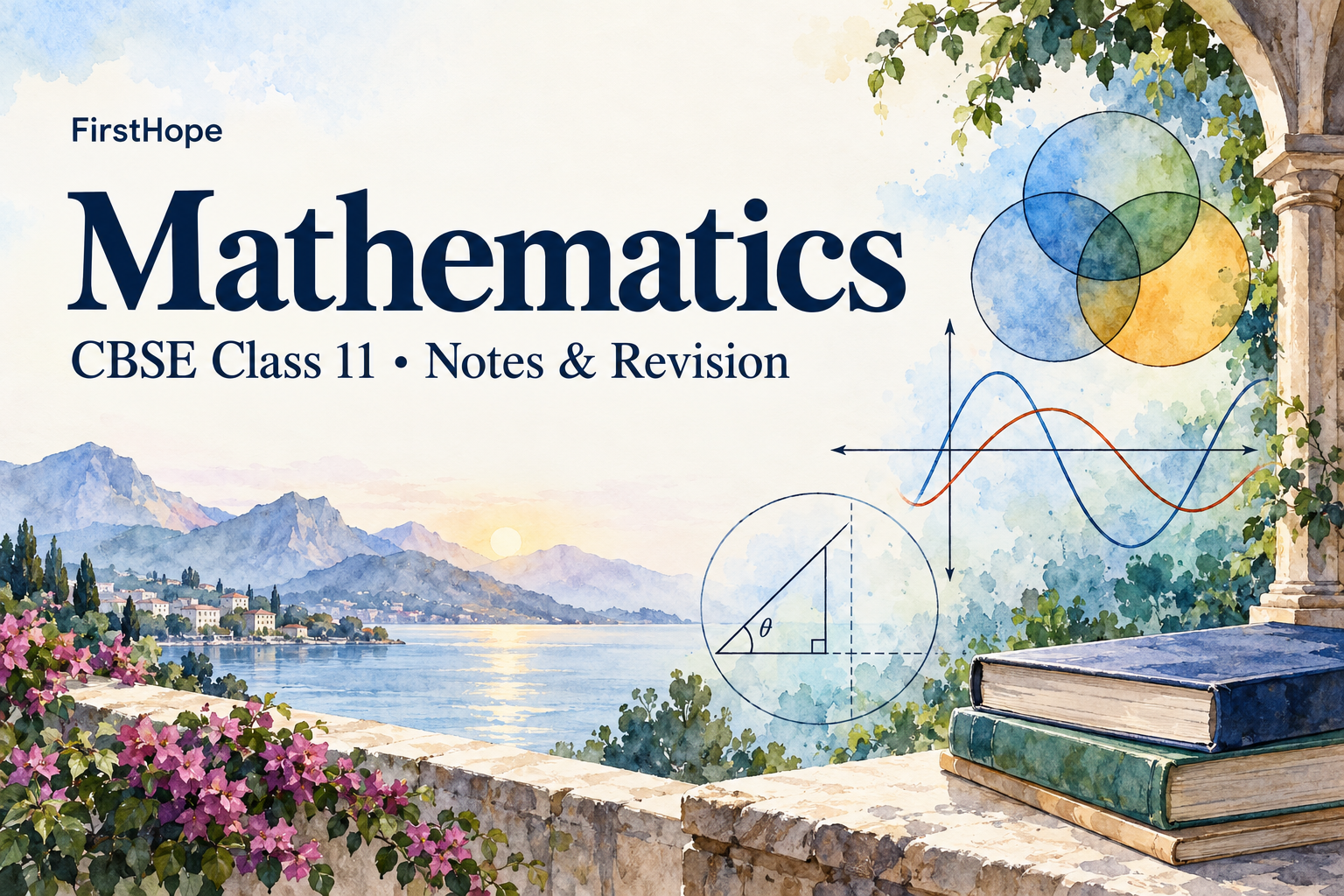 ink and watercolour cover titled Mathematics, with CBSE Class 11 Notes & Revision and FirstHope branding.