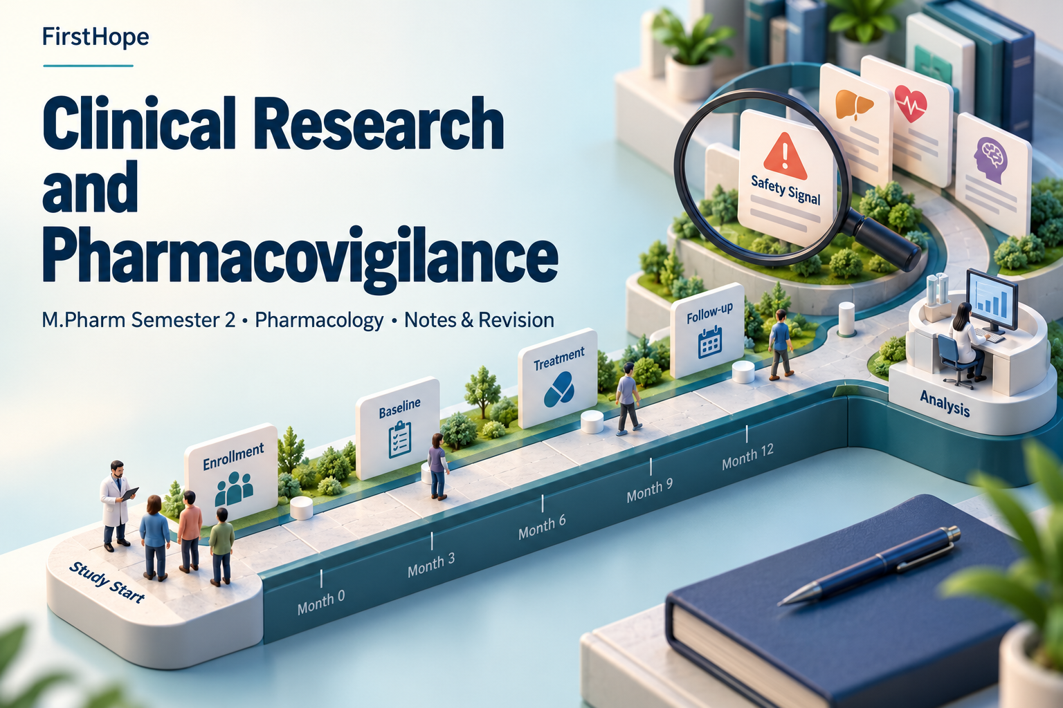 isometric miniature cover titled Clinical Research and Pharmacovigilance, with M.Pharm Semester 2 · Pharmacology Notes & Revision and FirstHope branding.