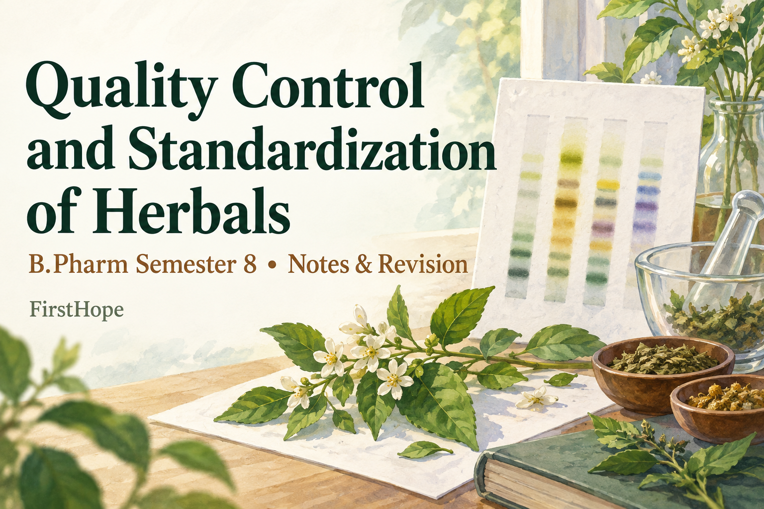 pastel gouache cover titled Quality Control and Standardization of Herbals, with B.Pharm Semester 8 Notes & Revision and FirstHope branding.