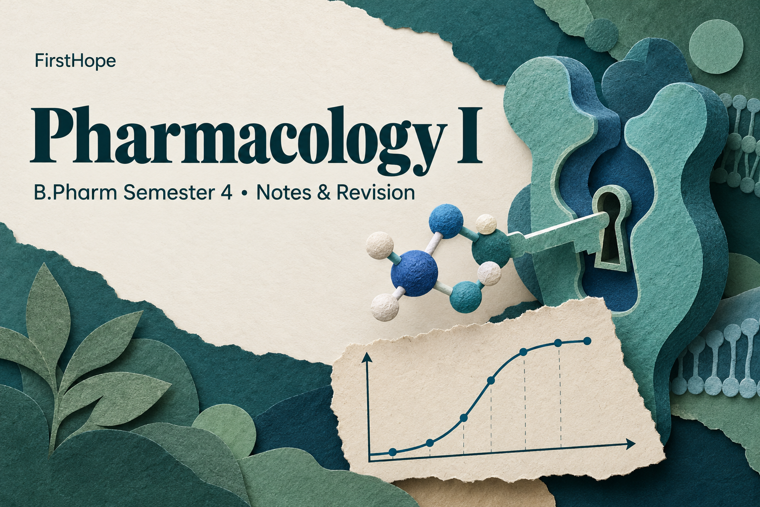 editorial collage cover titled Pharmacology I, with B.Pharm Semester 4 Notes & Revision and FirstHope branding.