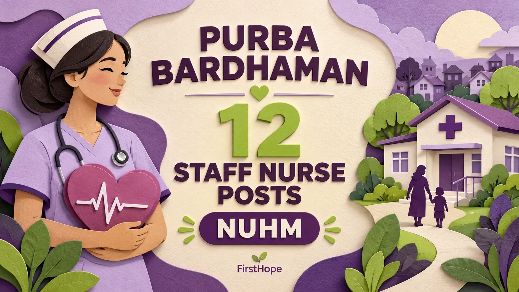 Purba Bardhaman DHFWS NUHM Staff Nurse recruitment cover with clear text and a distinct editorial illustration, FirstHope.