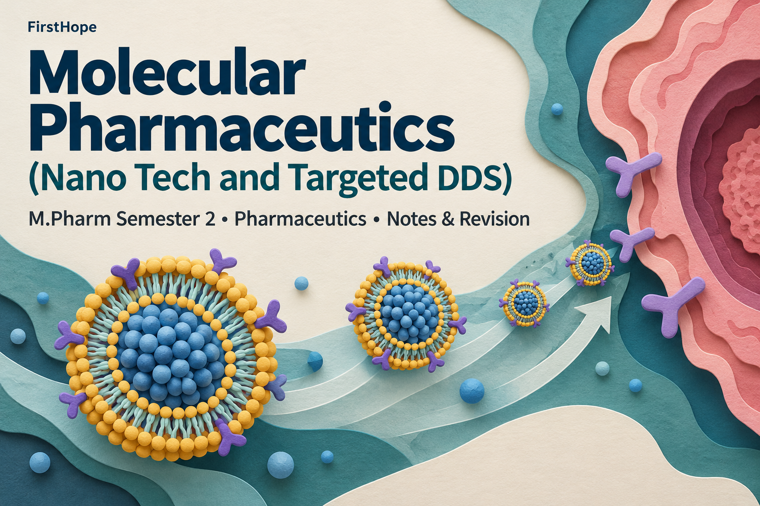 layered paper art cover titled Molecular Pharmaceutics (Nano Tech and Targeted DDS), with M.Pharm Semester 2 · Pharmaceutics Notes & Revision and FirstHope branding.