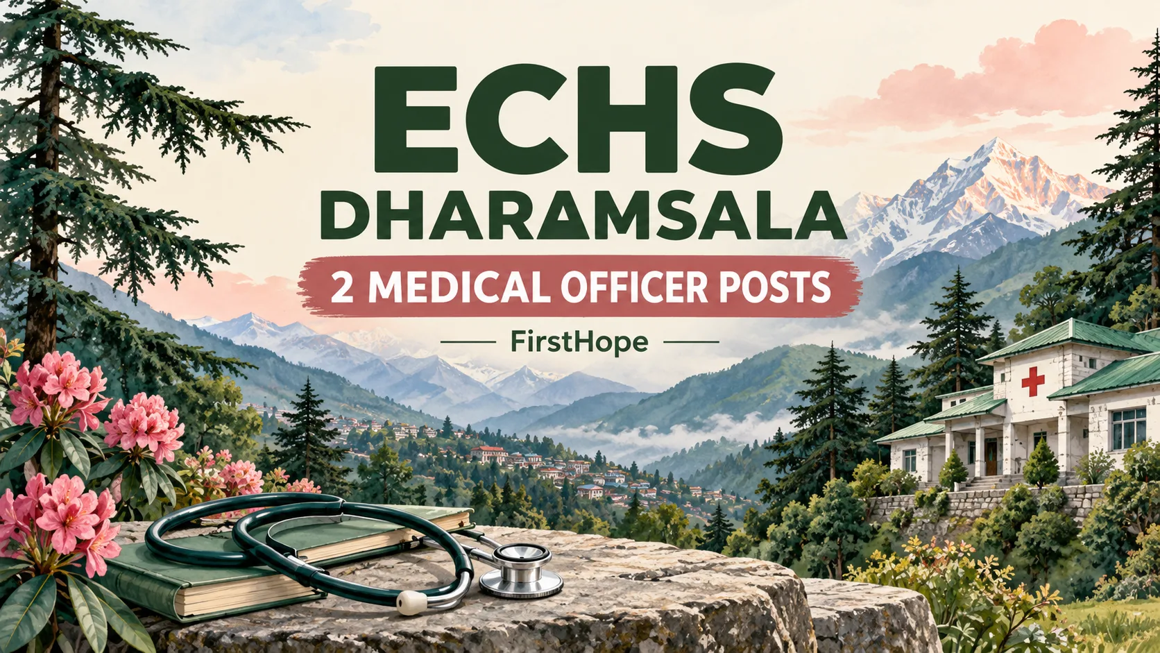 ECHS Dharamsala Medical Officer recruitment cover with clear text and a distinct editorial illustration, FirstHope.