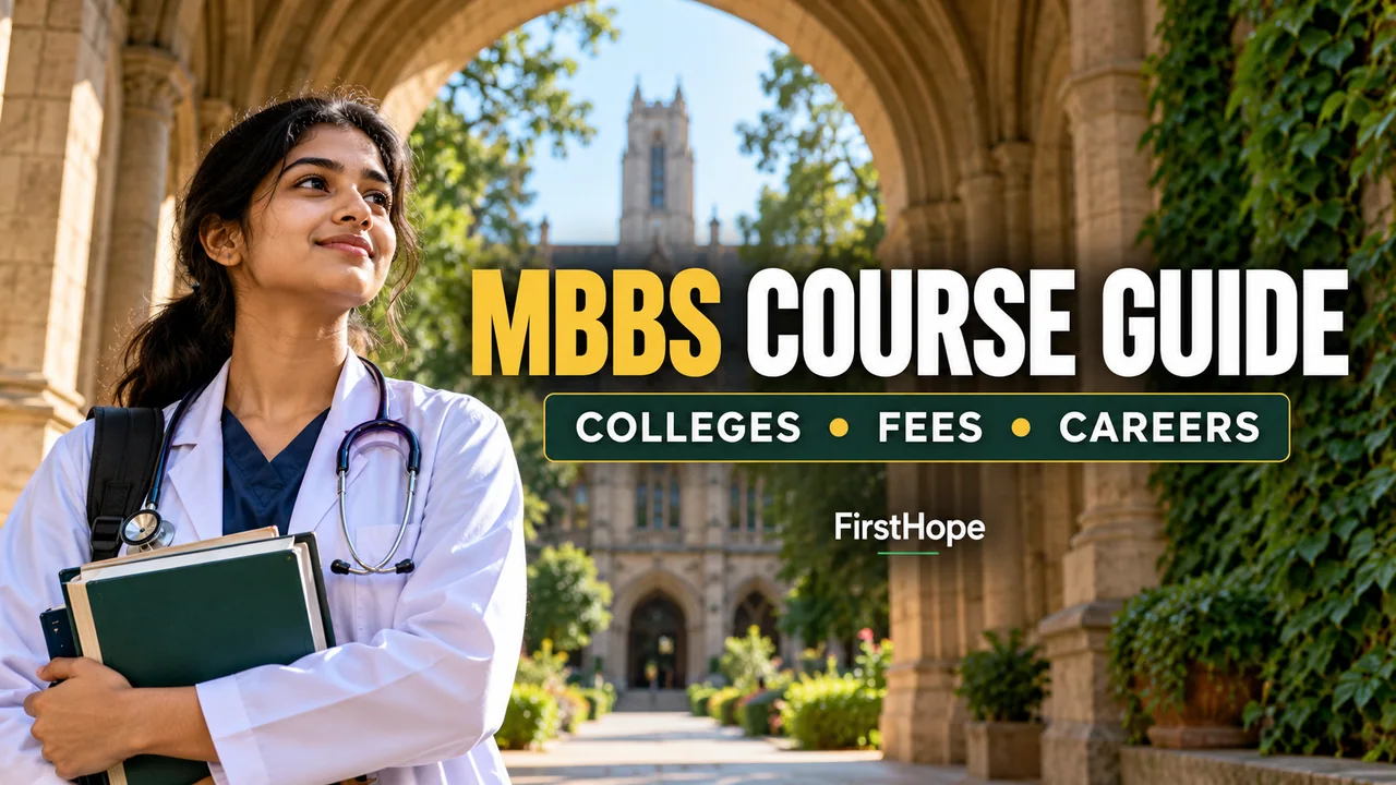 FirstHope MBBS Course Details: Full Form, College Fees and Salary cover with a distinct creative study scene and large readable text.