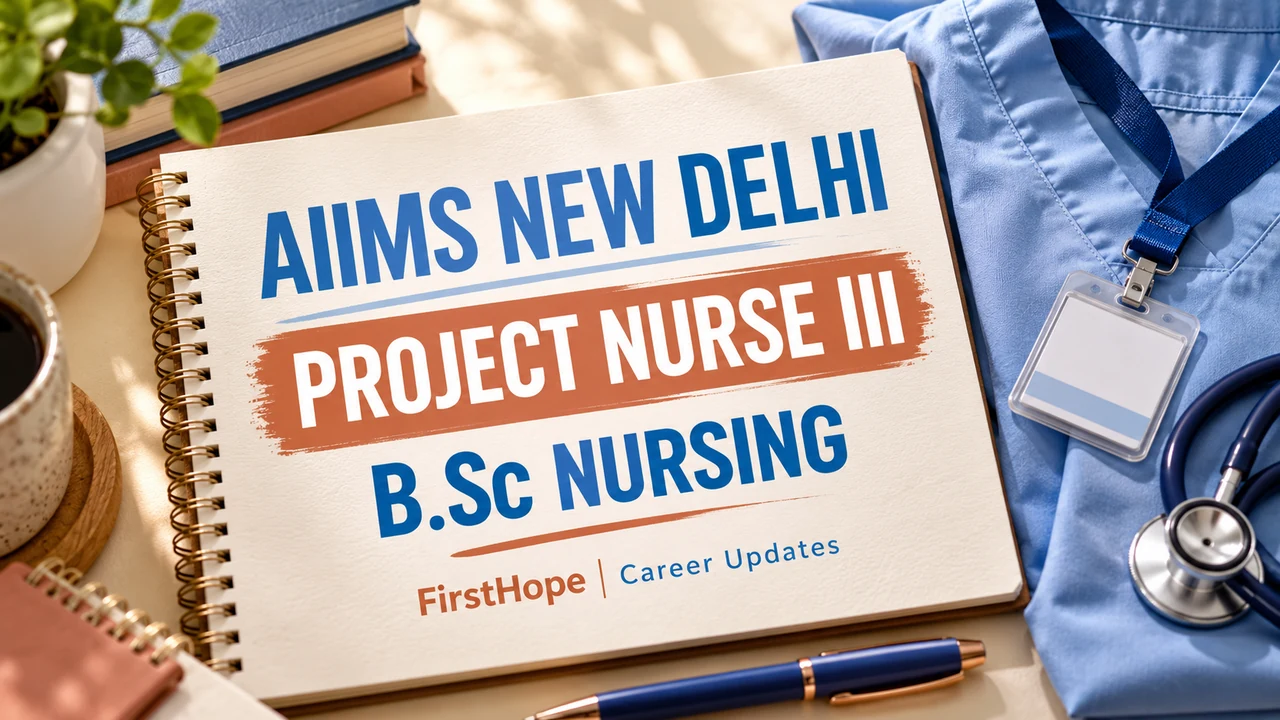 AIIMS New Delhi Project Nurse III B.Sc Nursing cover designed as a study notebook with scrubs and a stethoscope.
