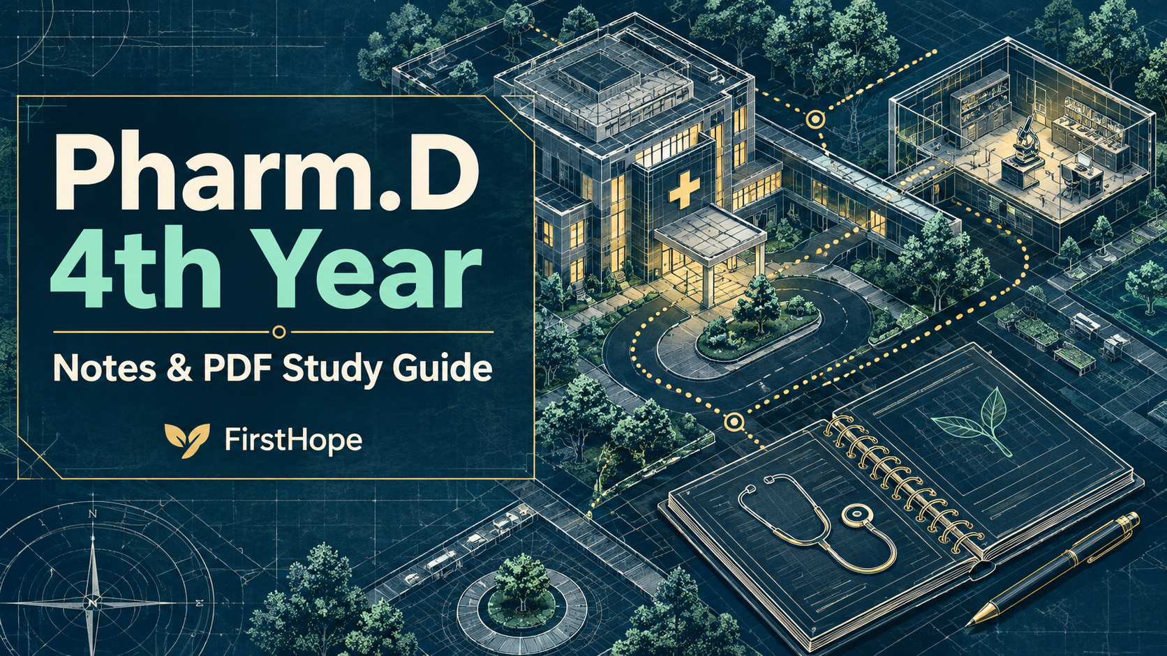 Architectural blueprint illustration cover titled Pharm.D 4th Year, with Notes & PDF Study Guide and FirstHope branding.