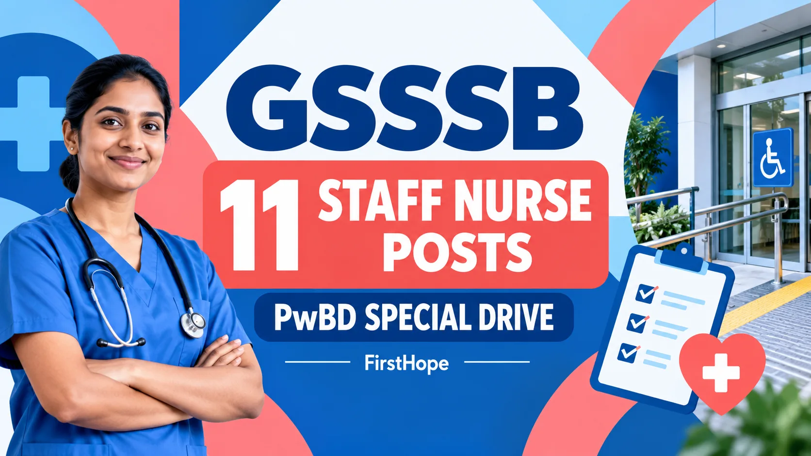 GSSSB, Gujarat Staff Nurse — PwBD Special Drive recruitment cover with clear text and a distinct editorial illustration, FirstHope.