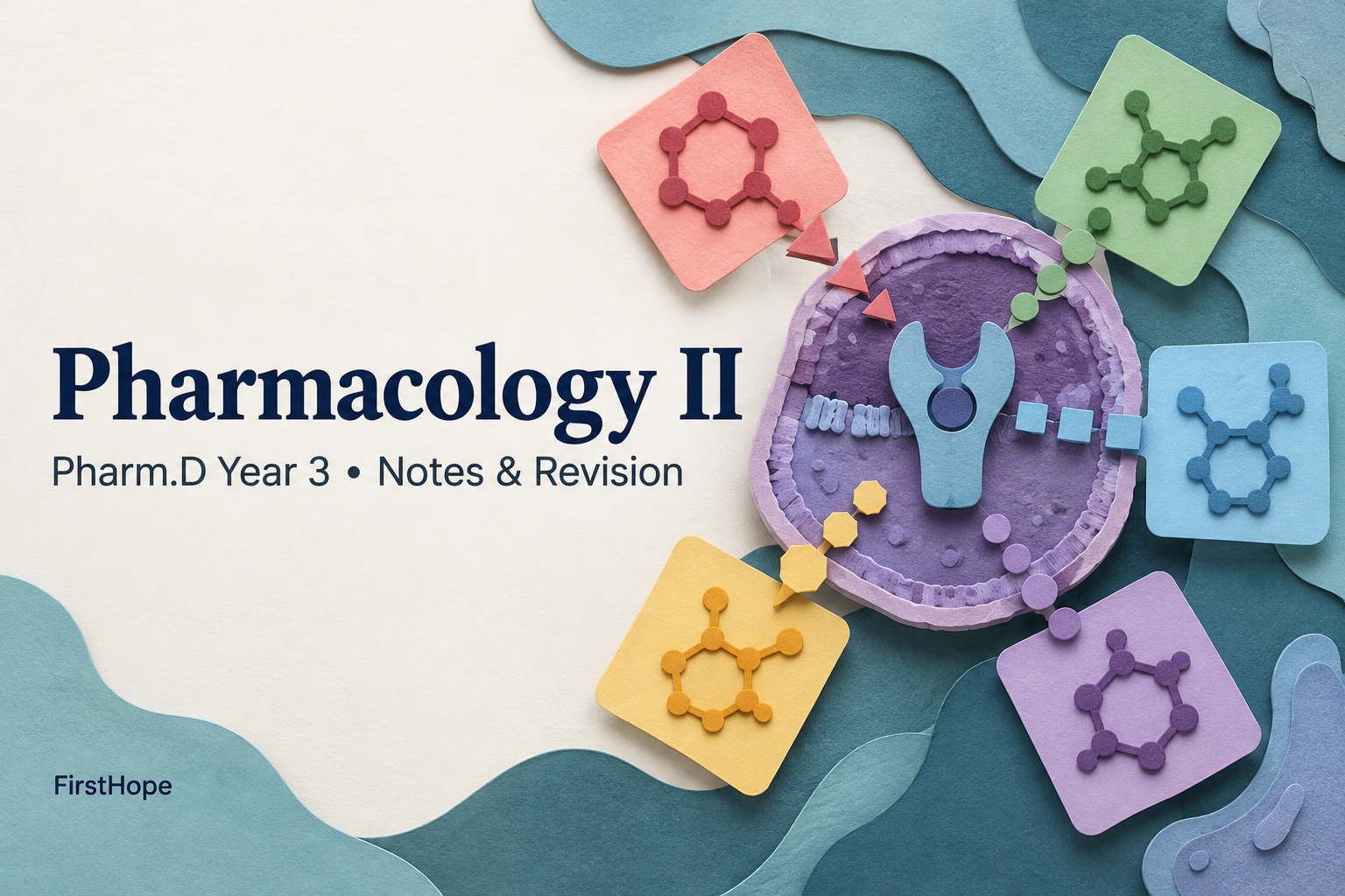 layered paper art cover titled Pharmacology II, with Pharm.D Year 3 Notes & Revision and FirstHope branding.