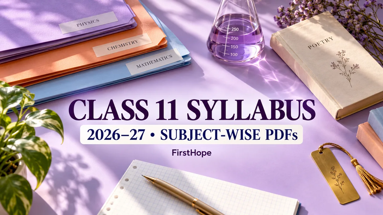 Class 11 syllabus cover with subject folders and realistic learning objects, reading CLASS 11 SYLLABUS — 2026–27 SUBJECT-WISE PDFs.