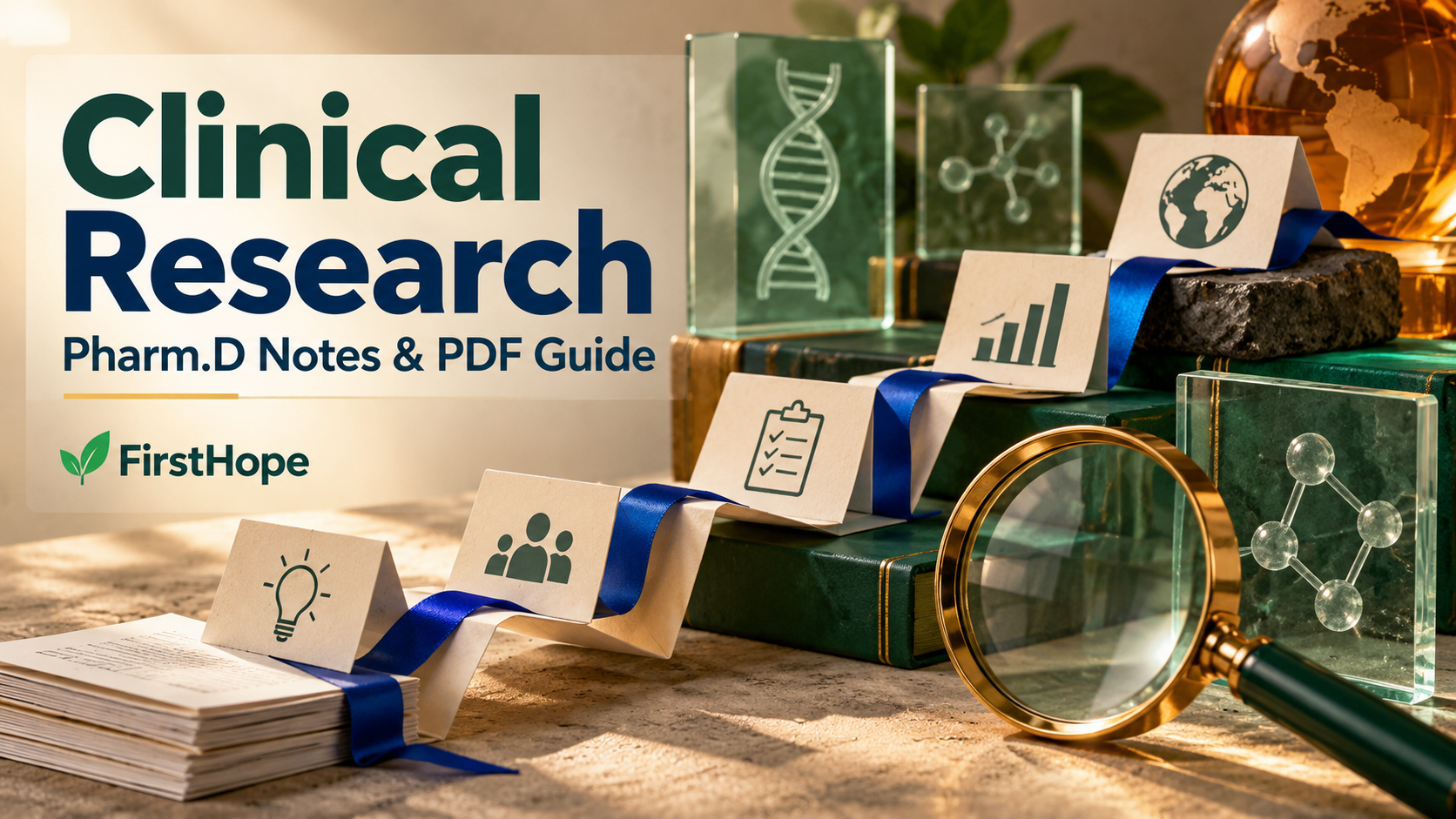 Experimental editorial photography cover titled Clinical Research, with Pharm.D Notes & PDF Guide and FirstHope branding.