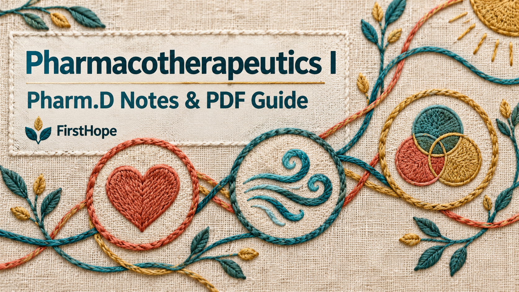 Embroidered clinical pathways cover titled Pharmacotherapeutics I, with Pharm.D Notes & PDF Guide and FirstHope branding.
