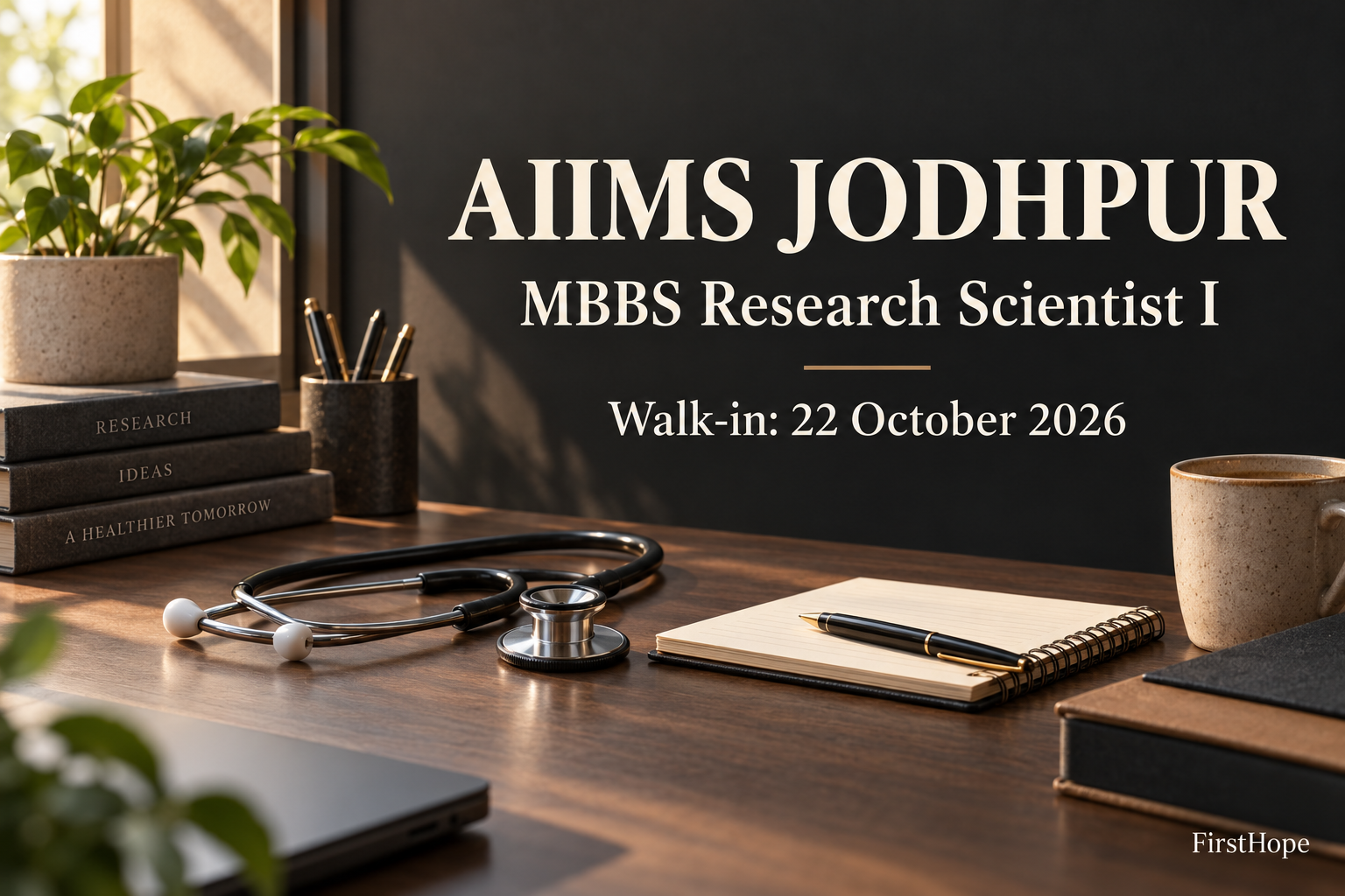 FirstHope healthcare career cover for AIIMS Jodhpur MBBS Research Scientist: Walk-In on 22 October, showing the employer, job role and application or walk-in date in readable text.